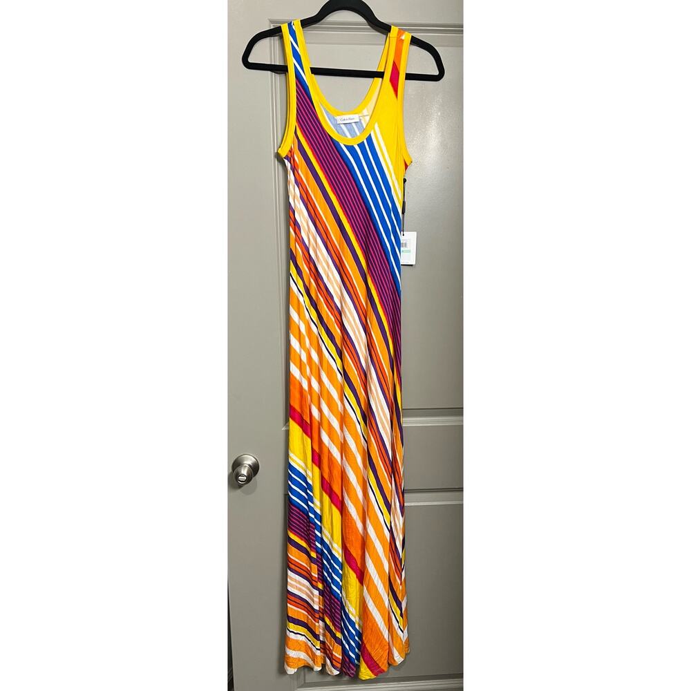 Calvin Klein Yellow Orange Multi-Stripe Midi Dress